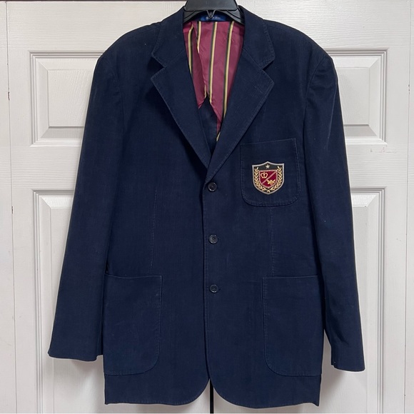 T Harris London Mens Jacket Size Large Corduroy Navy Blue with Emblem - Picture 6 of 12